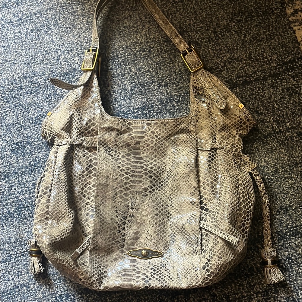 Elliott Lucca Sintra Tote Gray Metallic Shoulder Bag With Snake Skin.